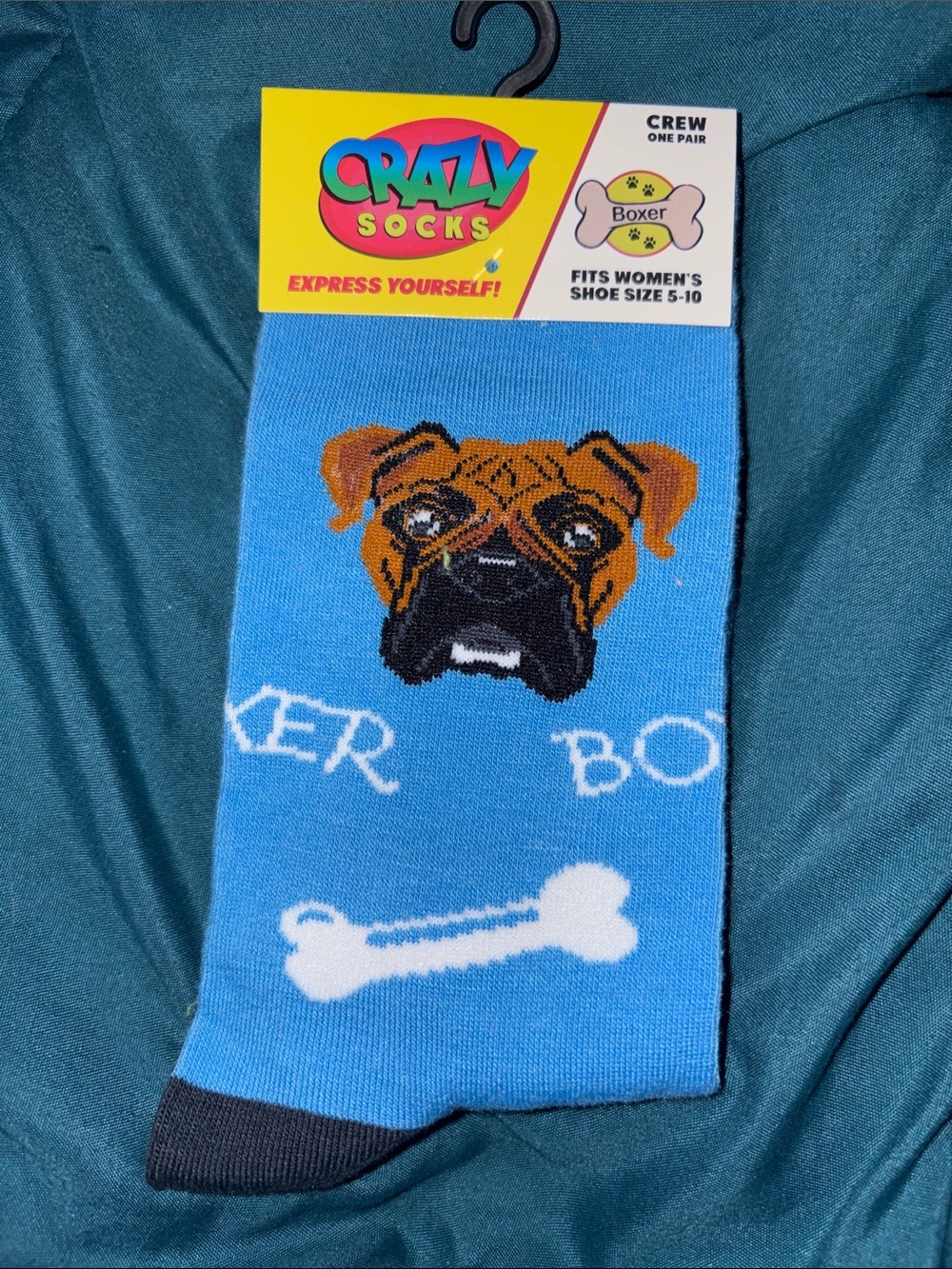 Crazy Socks - Boxer Dog Crew Socks in Blue - women size  5 - 10
